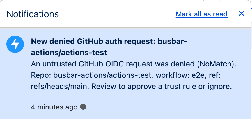 Salesforce notification for a denied GitHub auth request