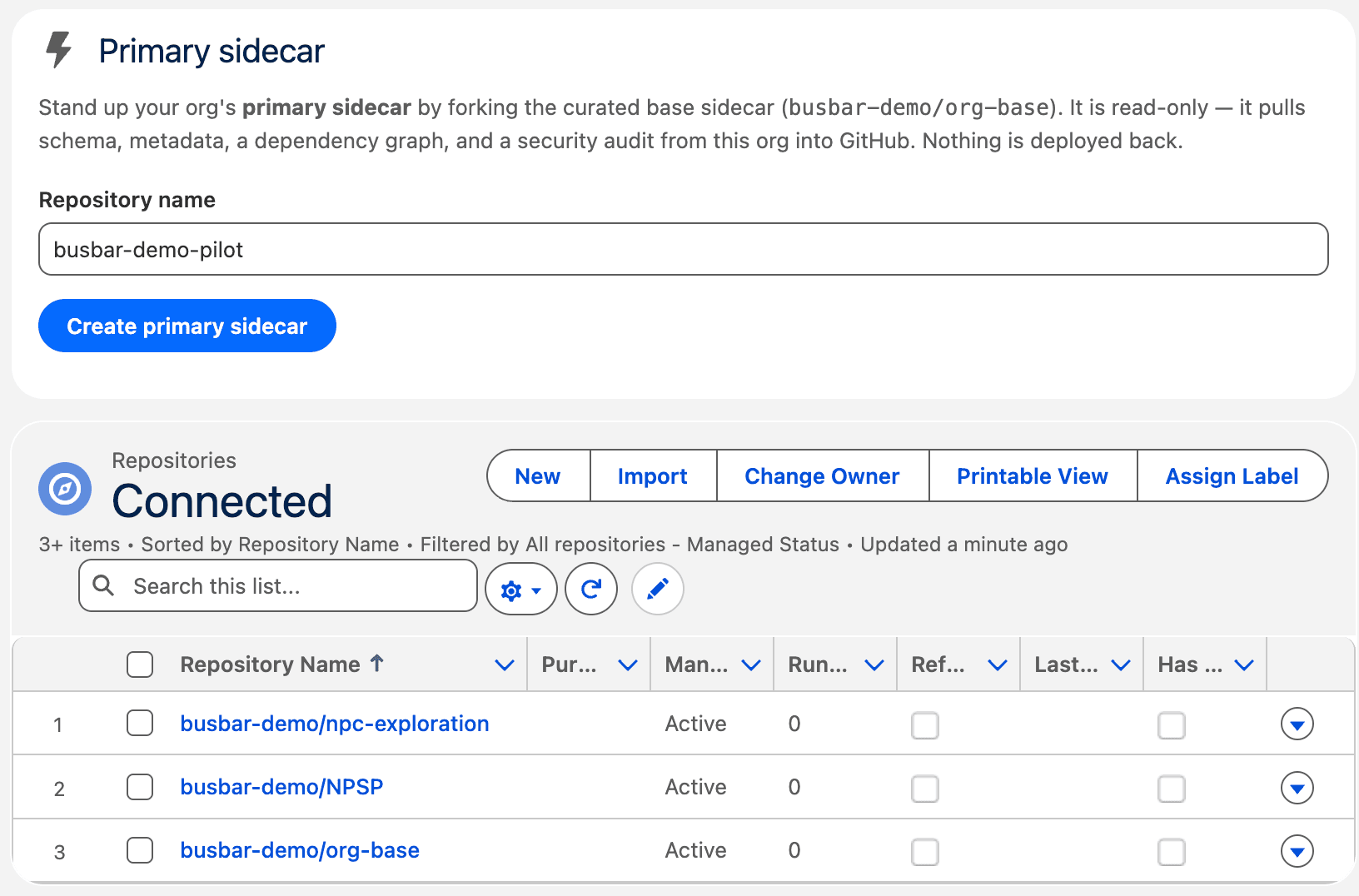 Primary sidecar setup form and connected repositories list