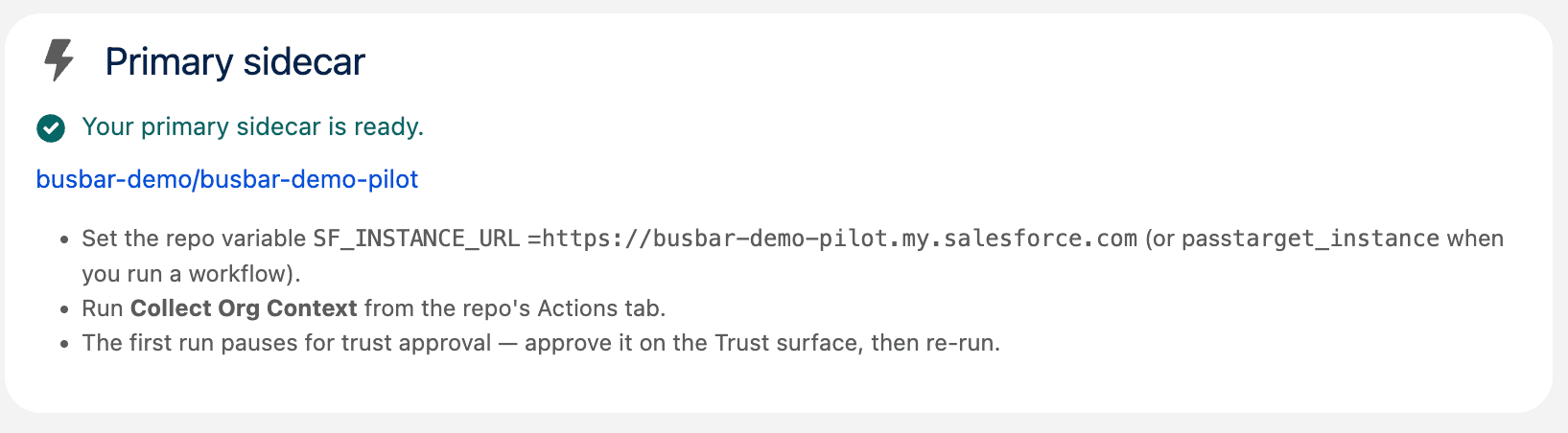Primary sidecar ready confirmation with setup instructions